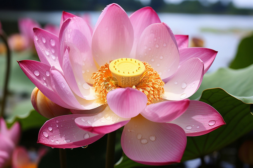 水滴点缀的粉色花朵图片