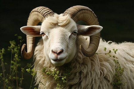 长角公羊动物长羊毛高清图片