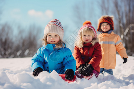 冰雪中的三个孩子背景图片