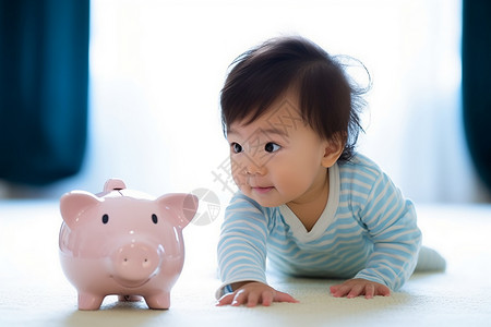 小猪宝宝可爱宝宝与存钱罐背景