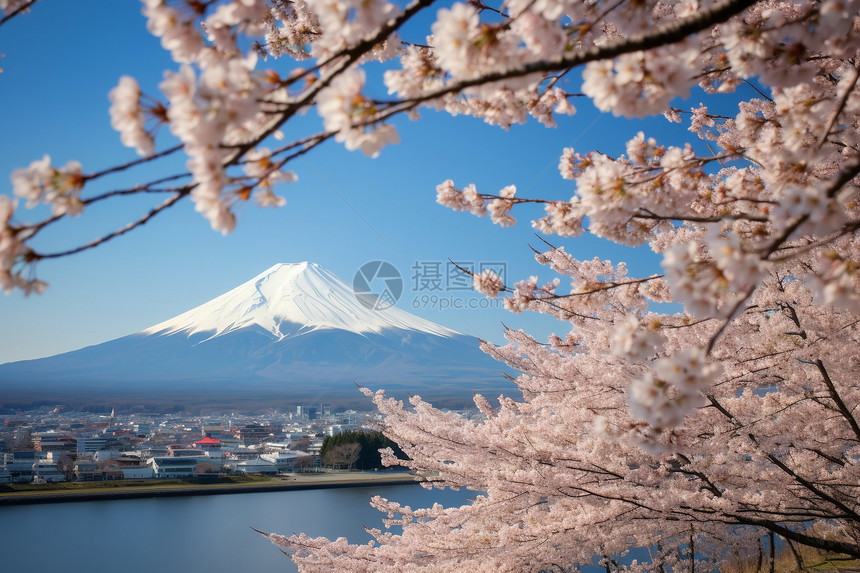 樱花下的富士山景观图片