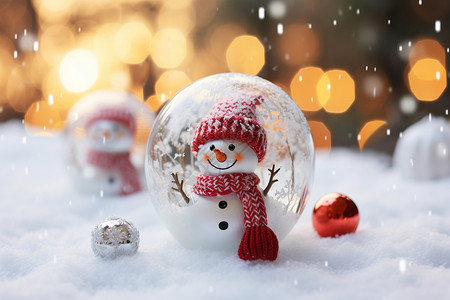 雪球中的雪人和圣诞树背景图片