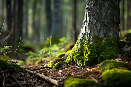苔藓覆盖的森林树木图片