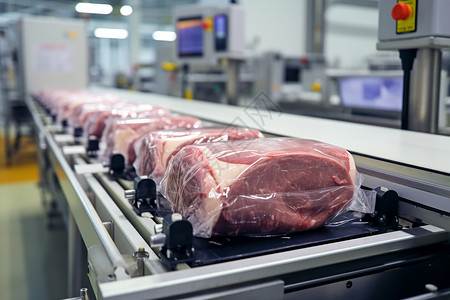 猪肉晡包装工厂生产的肉类自动化包装线背景