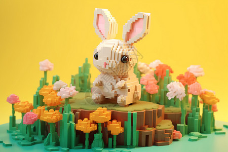 大颗粒积木可爱的兔子像素积木插画
