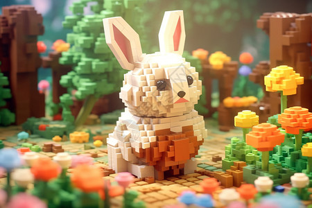 3D像素化兔子积木背景图片