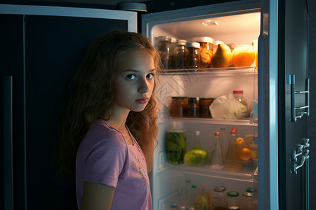 午夜冰箱前饥饿的女孩图片