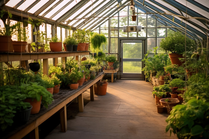 玻璃温室中的绿植盆栽图片