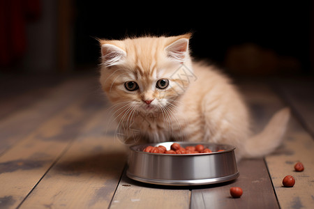 猫粮盆旁可爱的小猫图片