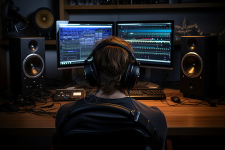 电脑控制录音室控制混合台的剪辑师背景