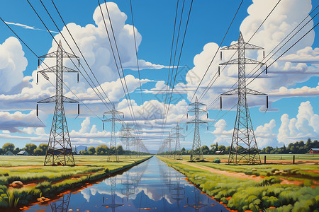 电路与分子结构蓝天白云下的电线杆与田野插画