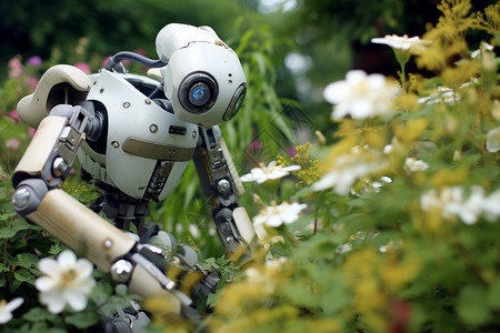 科技创新智能宣传展板郁郁葱葱的花园中机器人授粉背景