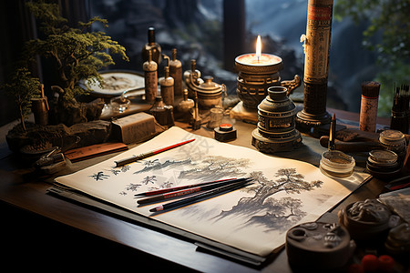 中式烛台桌子上的各种作画工具背景