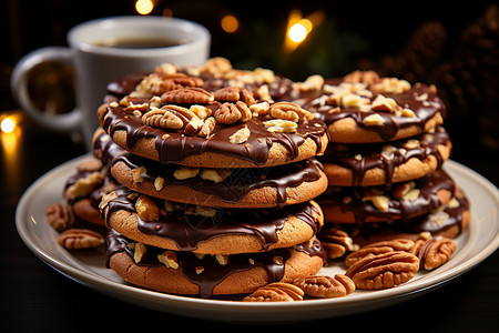 甜蜜诱惑美味的巧克力坚果饼干背景