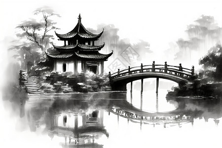 桥黑白中国传统园林建筑水墨画插画