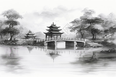 黑白中国建筑幽静的中国村庄水墨画插画