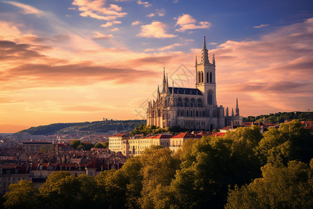 日落时欧洲天主教堂建筑背景图片