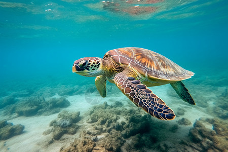 水生生物清澈海底中游泳的海龟背景