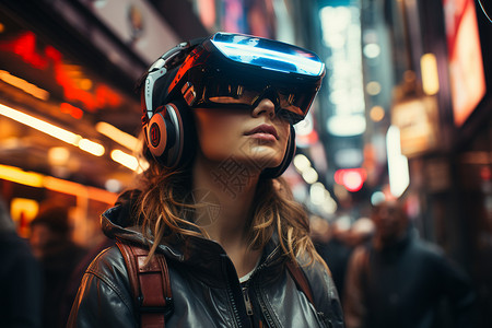 地铁耳机都市探险中带着虚拟现实VR眼镜的女子设计图片