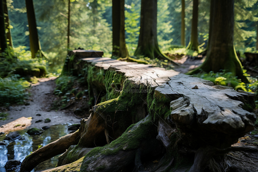 森林小溪中的一根木头图片