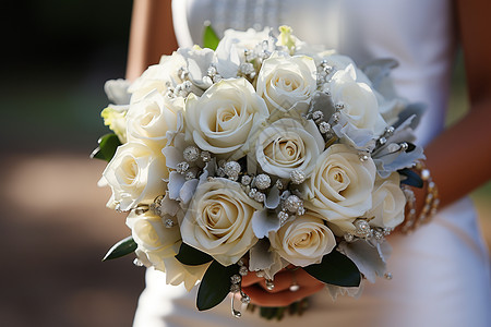 新娘手持白玫瑰花球图片