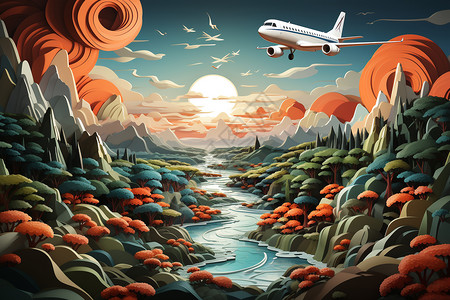 黑鸟飞机夕阳下的旅行天堂插画