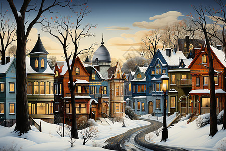 雪季的小镇景色背景图片