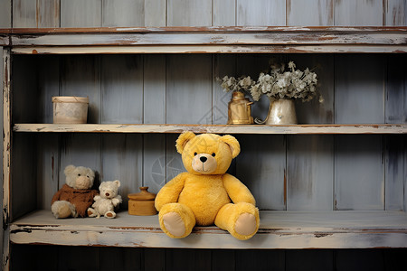 破旧架子上的玩具熊背景图片