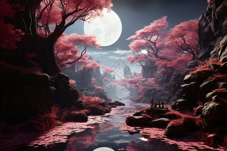 月光下的河流树木景色图片