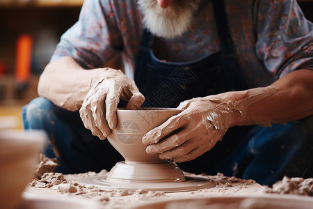 一位胡须蓬松的男子制作陶瓷背景图片