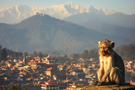 猴子座落于城市与雪山背景中高清图片
