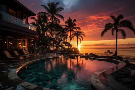 日落下的度假村泳池图片