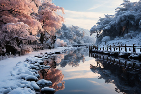 树高清冬日皖南的月湖雪景背景