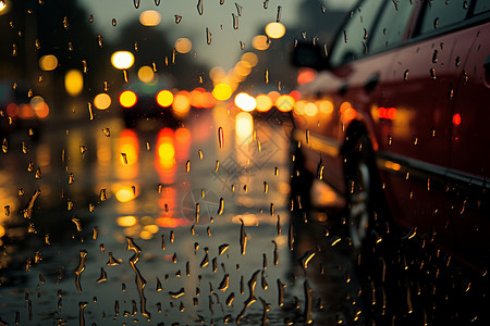 模糊玻璃细雨中的车水马龙背景