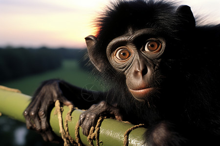 可爱的黑猩猩在竹子上坐着图片