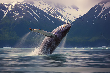 冰山下海面上跃出的座头鲸背景
