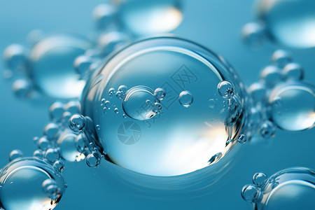 蓝色气泡水泡浮动在蓝色的一群泡泡背景
