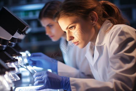 白色芯片生物学实验室中两位穿着白色实验服的女性背景