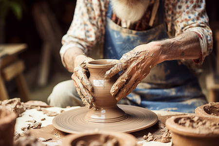 陶艺老人制作陶瓷花瓶高清图片