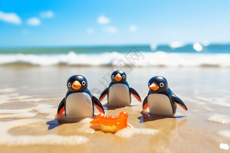 可爱卡通手绘沙滩海边的玩具企鹅背景