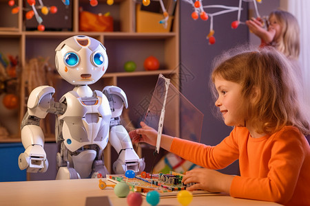 小孩玩机器人幼儿园的小女孩上机器人课背景