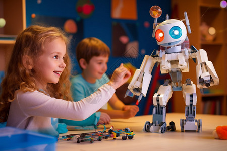 玩具机器人小女孩在玩机器人背景