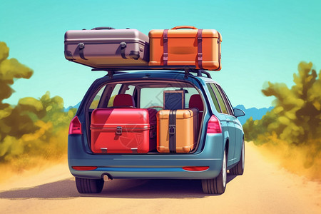 豪车汽车后备箱的旅行箱和车顶行李架插画