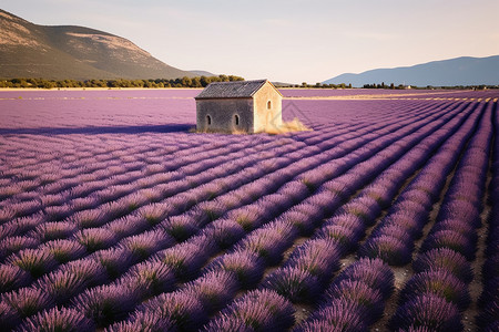 紫色花田里的房子高清图片