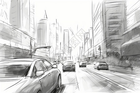 高速车流摩天大楼和车流的风格素描插画