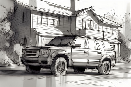 一辆车和房子的素描画插画