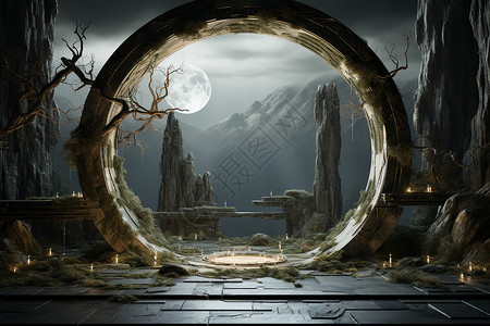 圆形门月光照亮的石头拱门插画