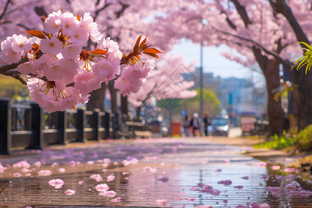 樱花盛开时的街道图片