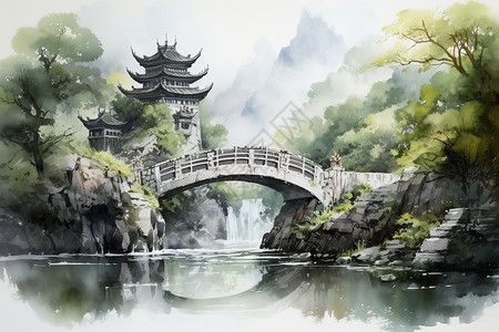 水墨画拱桥背景图片