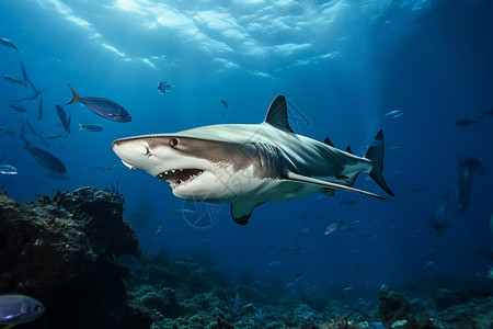 猛烈在海里游动的鲨鱼与鱼群背景